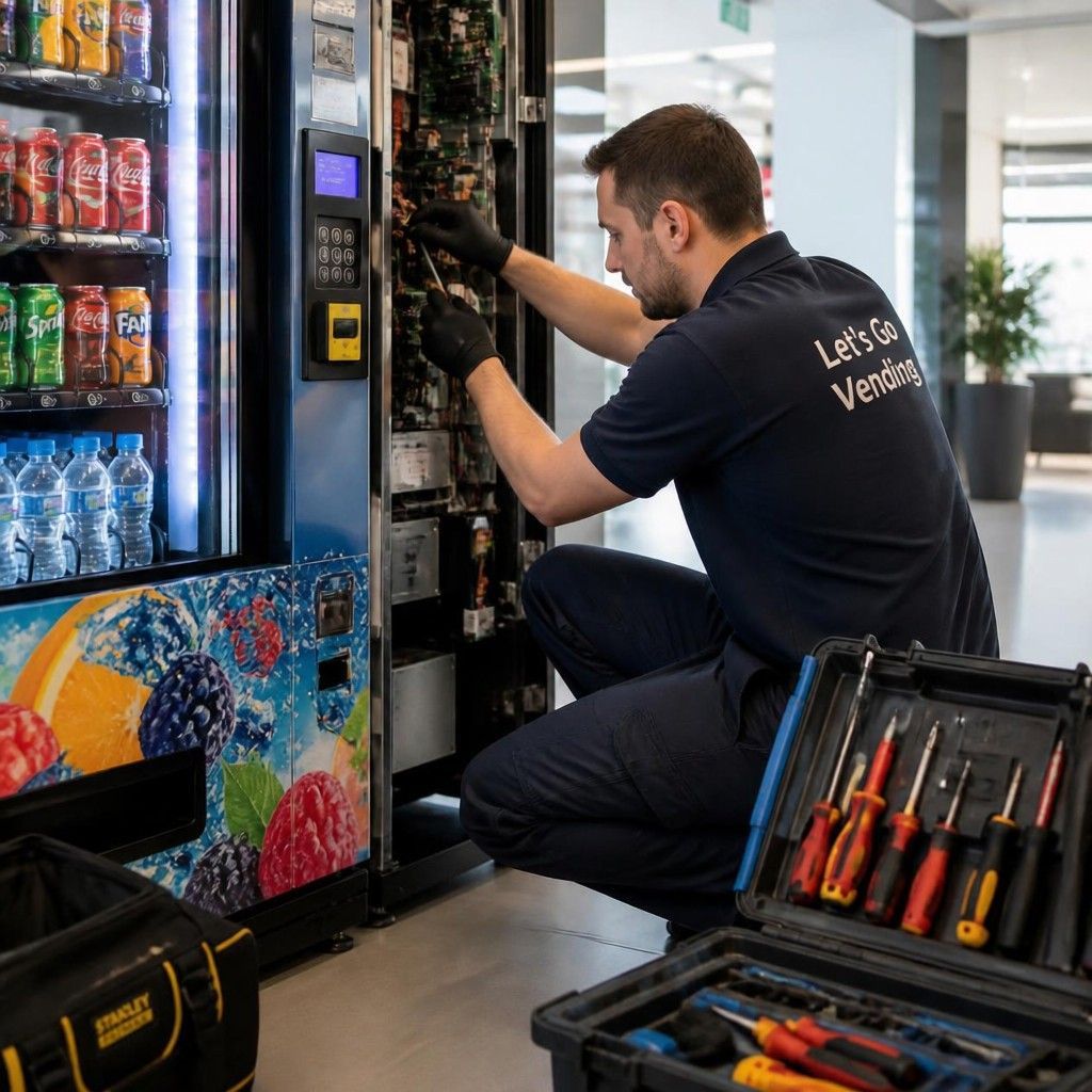 Man using a red card to pay for a drink at a vending machine.