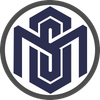 Dark blue geometric monogram logo inside a gray circle on a white background