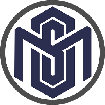 Dark blue geometric monogram logo inside a gray circle on a white background