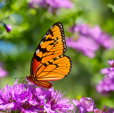 Orange butterfly on purple flowers with a blurred green and pink background
