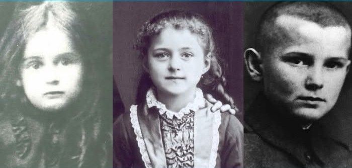 Three side-by-side vintage black-and-white child portraits, each facing forward with neutral expressions.