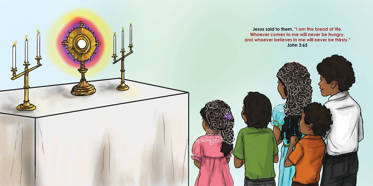Children standing before the Blessed Sacrament on a white altar with candles