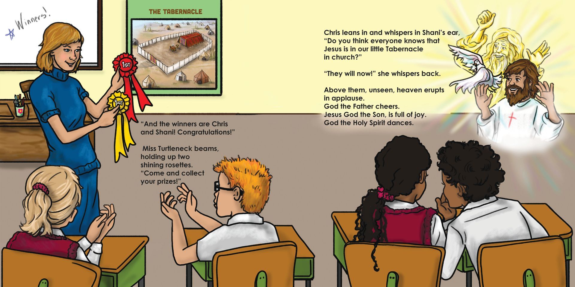 Teacher points to puppet while students sit in classroom as another figure appears in a thought bubble