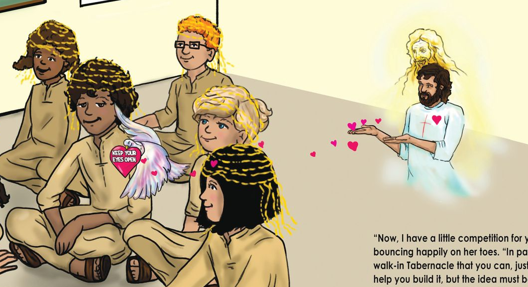 Several people sit on a couch while a glowing figure at right tosses pink hearts toward them.