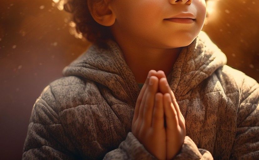 Child with hands clasped in prayer, lit by sunlight.