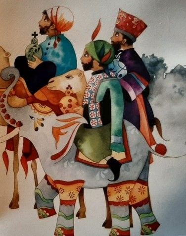 A painting of three men riding on the back of an elephant