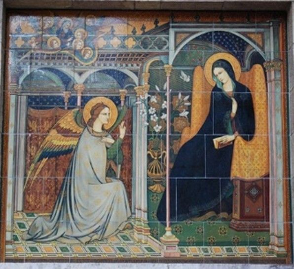 A painting of a woman kneeling in front of an angel