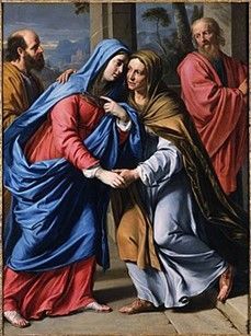 A painting of a woman holding hands with a man in a blue robe.