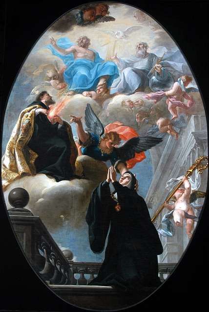 A kneeling figure looks upward toward figures in the clouds. Angels and divine light are present.