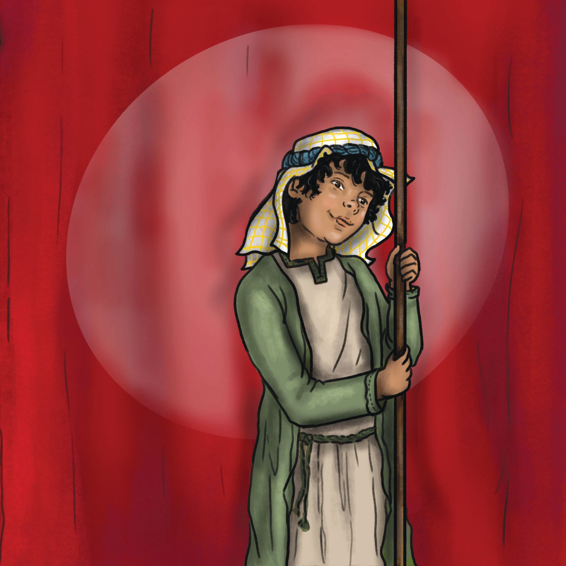 A cartoon of a boy holding a pole in front of a red curtain