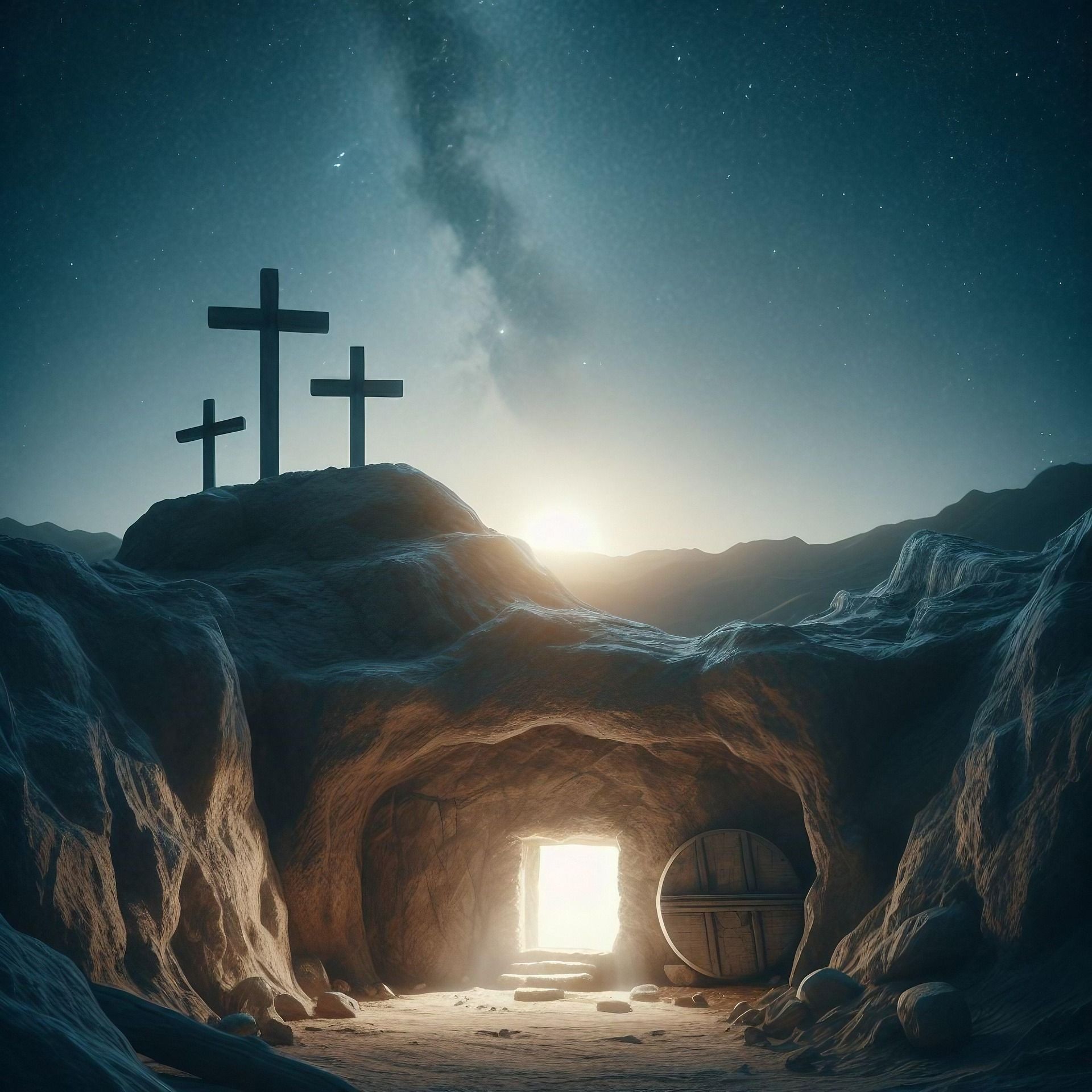 Three crosses on a hill with a bright tomb entrance. A night sky with stars and the Milky Way.