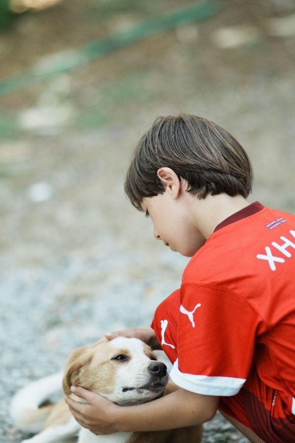 Boy in red soccer jersey gently holding a dog outdoors