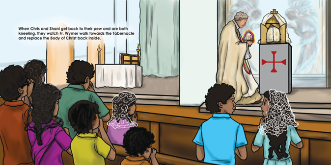 Children seated in church watch a priest beside a statue and pulpit with a red cross.