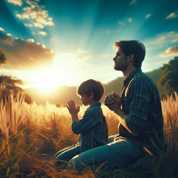 Two people kneel in a sunlit field, hands clasped in prayer at sunset.
