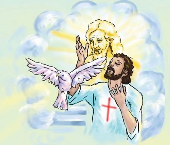 A drawing of jesus holding a white dove