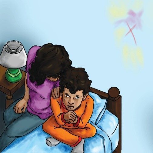A woman is sitting on a bed hugging a child