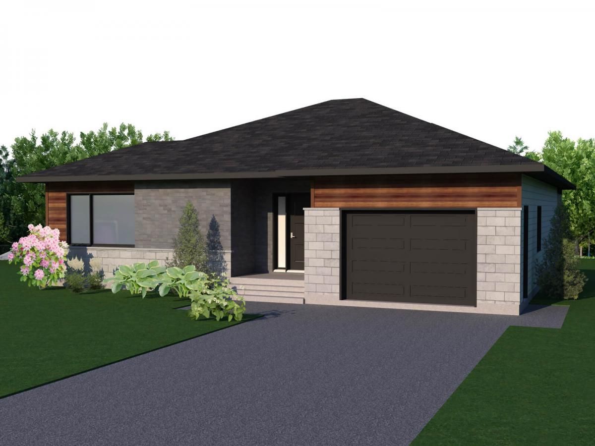 Une impression d'artiste d'une maison avec une porte de garage noire.
