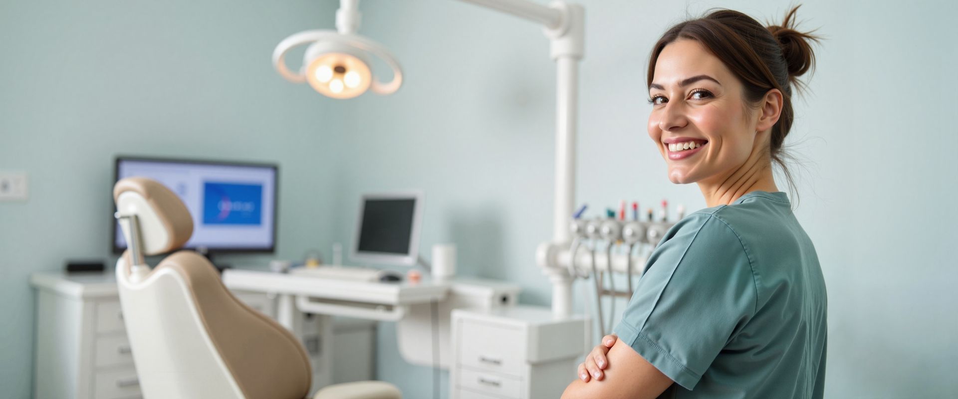 A friendly dental staff member stands by a modern exam chair in a bright, organized clinic.