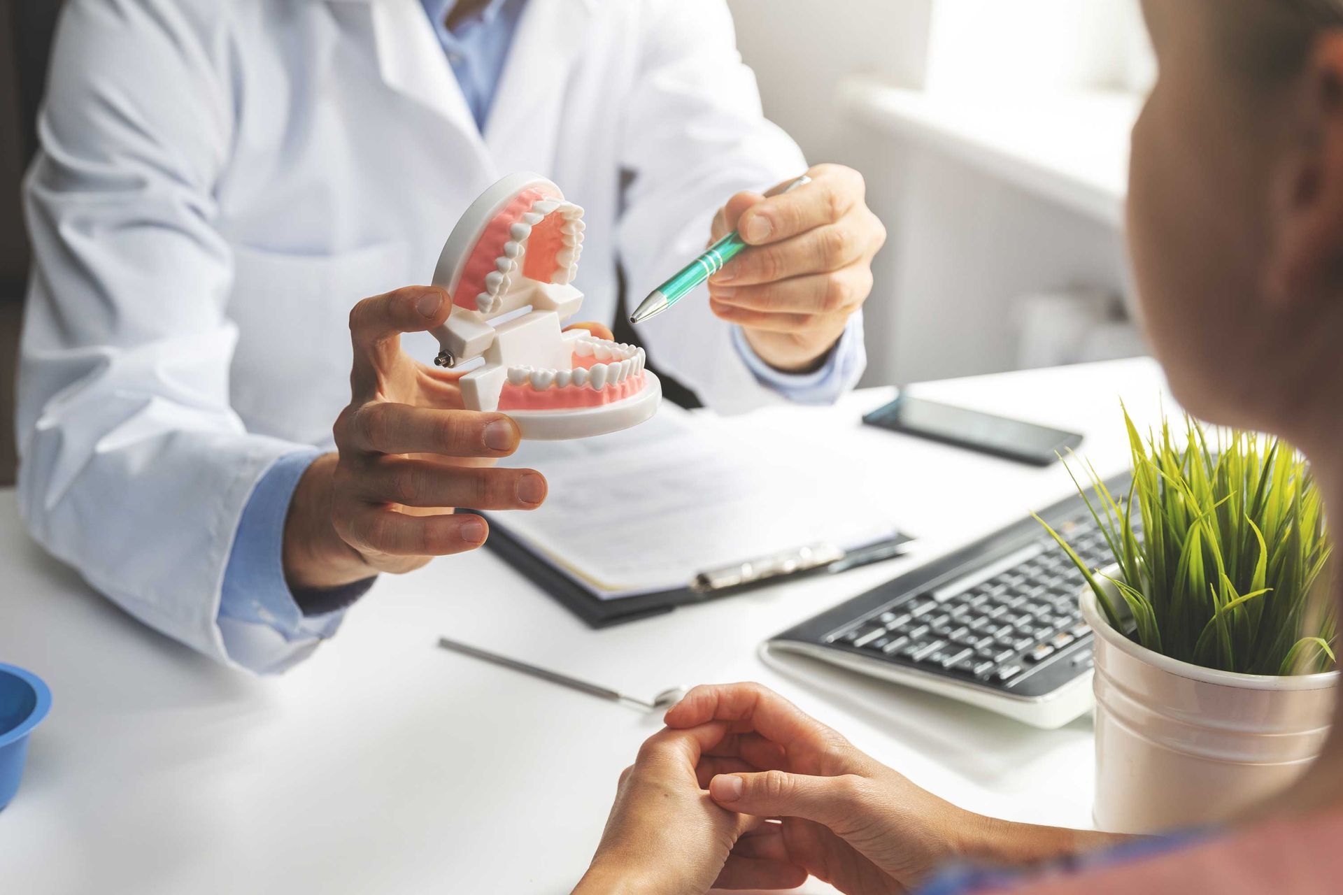 A patient is having a consultation with a dentist at a dentist clinic.