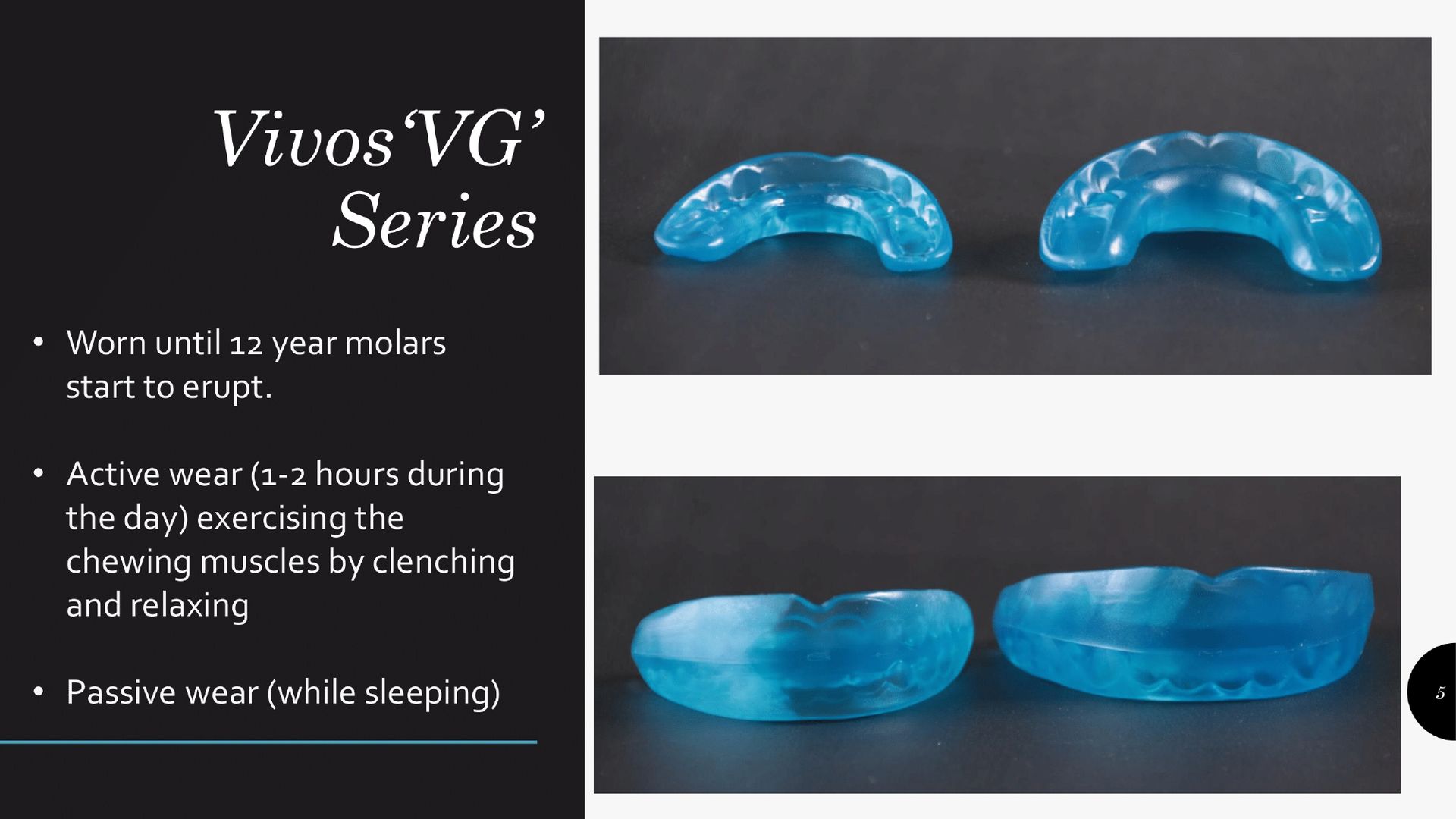 Slide about Vivos VG series showing blue dental appliances with text listing their usage.