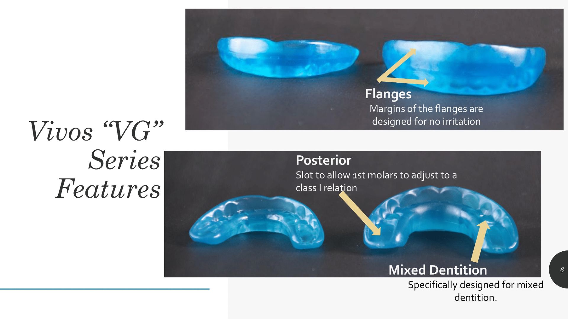 Blue dental appliances with labels: 