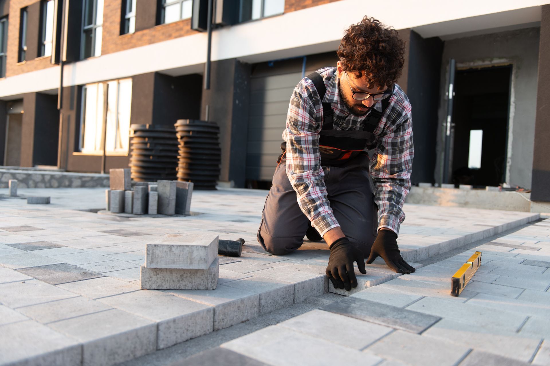Construction worker laying pavers for new patio walkway. Construction worker laying pavers for new patio walkway.