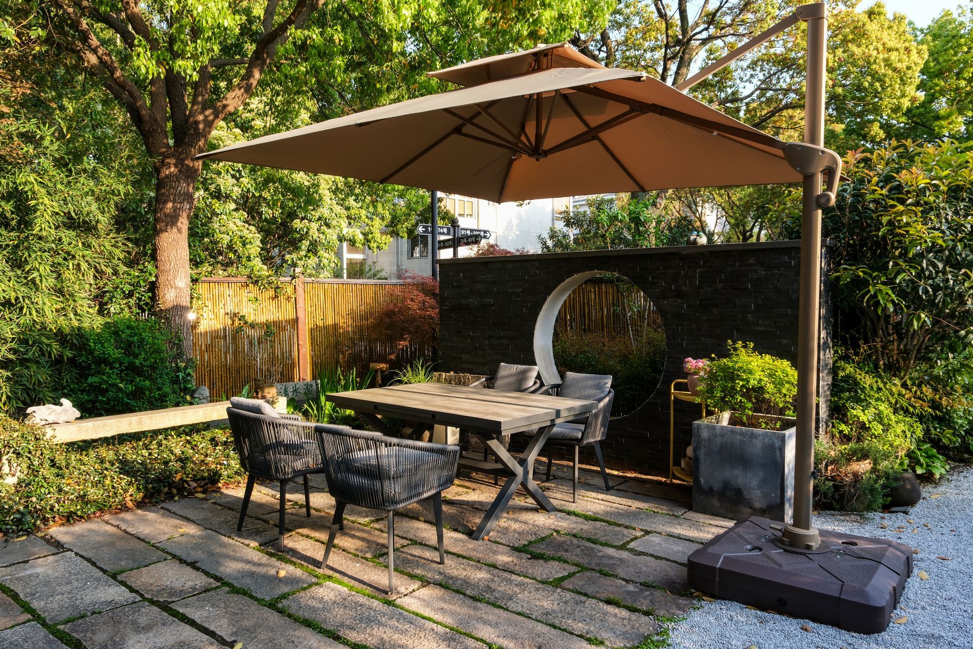 Minimal table setting at backyard tent.