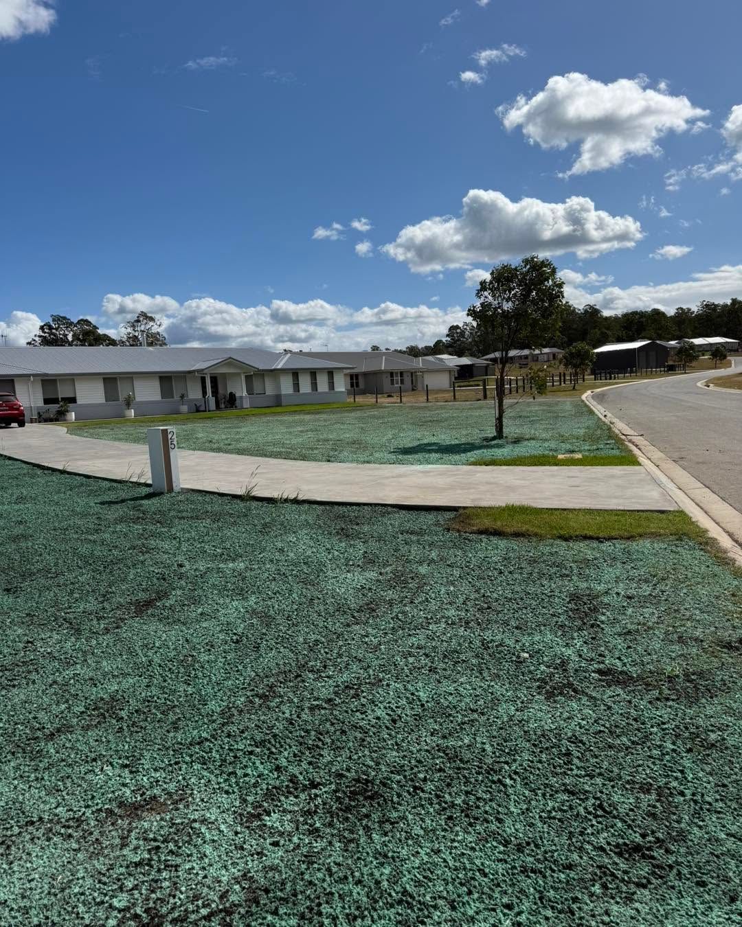 Straw Ground Cover with Vertical Grid Lines and Patches of Green Grass — East Coast Hydroseeding in Forster, NSW