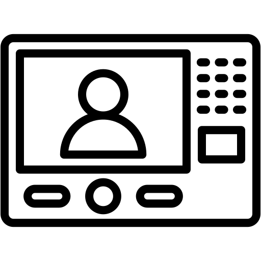 Icona stilizzata in bianco e nero di un videocitofono che mostra la silhouette di una persona sullo schermo.