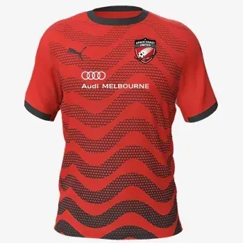 Red soccer jersey with Space Coast United Soccer logo