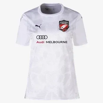 White soccer jersey with Space Coast United Soccer logo