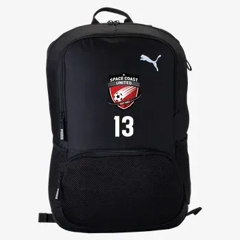 Black Puma backpack with Space Coast United Soccer logo