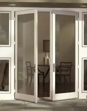 Pair of White-framed Glass French Doors Slightly Ajar — Australian Flyscreens & Security Doors in Toronto, NSW