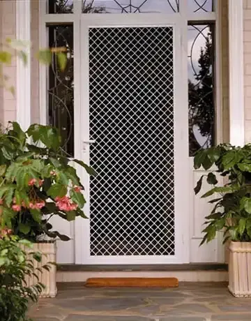 White Security Screen Door With a Diamond-patterned Metal Grille — Australian Flyscreens & Security Doors in Newcastle, NSW
