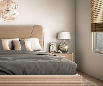 Bedroom Featuring a Beige Upholstered Bed — Australian Flyscreens & Security Doors in Toronto, NSW