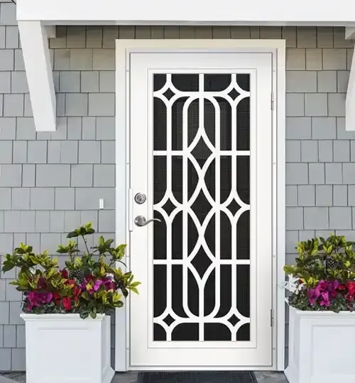White Storm Door With a Decorative Geometric Metal Grille — Australian Flyscreens & Security Doors in Toronto, NSW