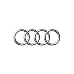 Audi logo: Four interlocking silver rings on a white background.