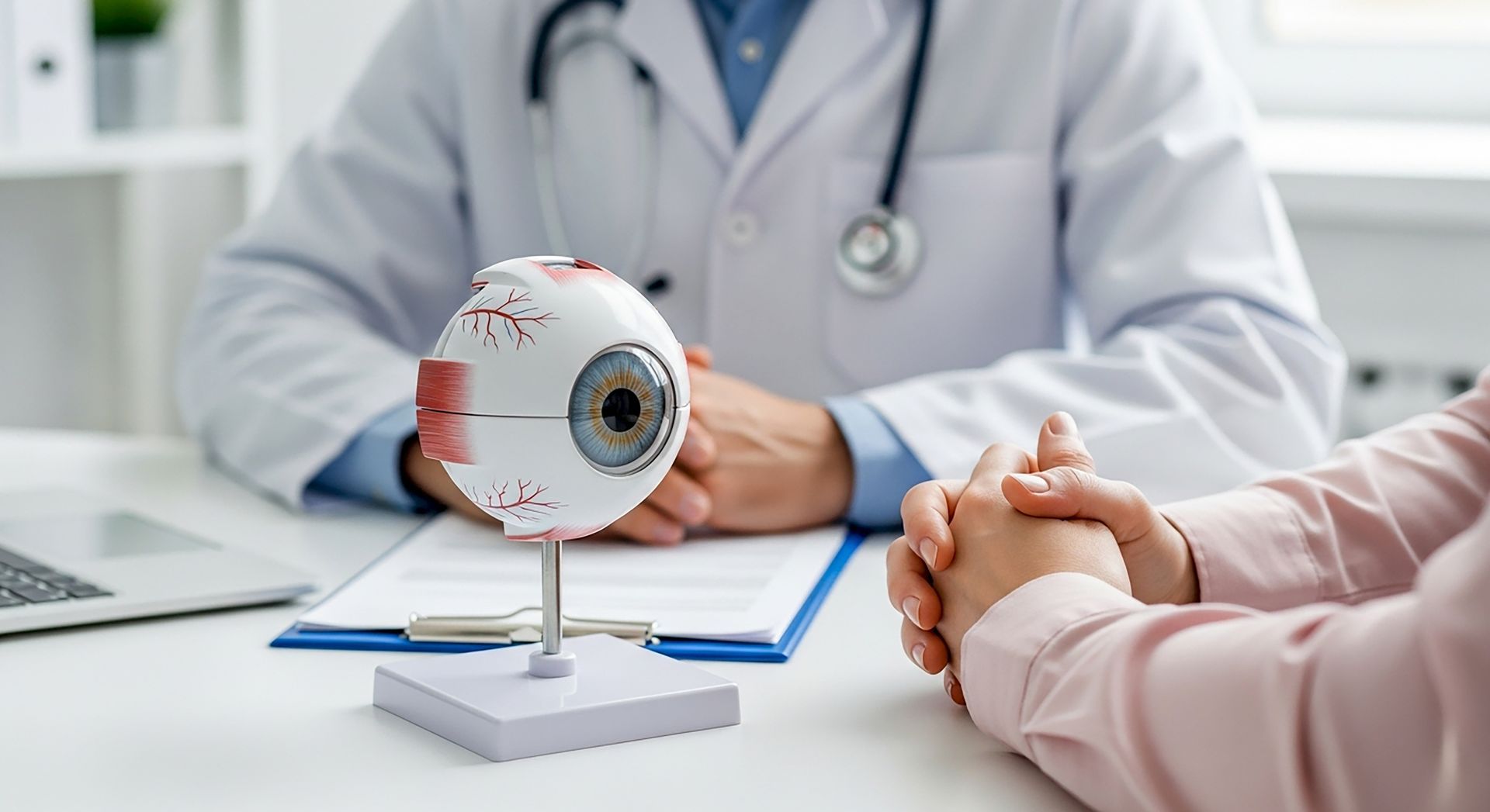 Patient consulting an ophthalmologist at an eye clinic with an anatomical model of the human eye.