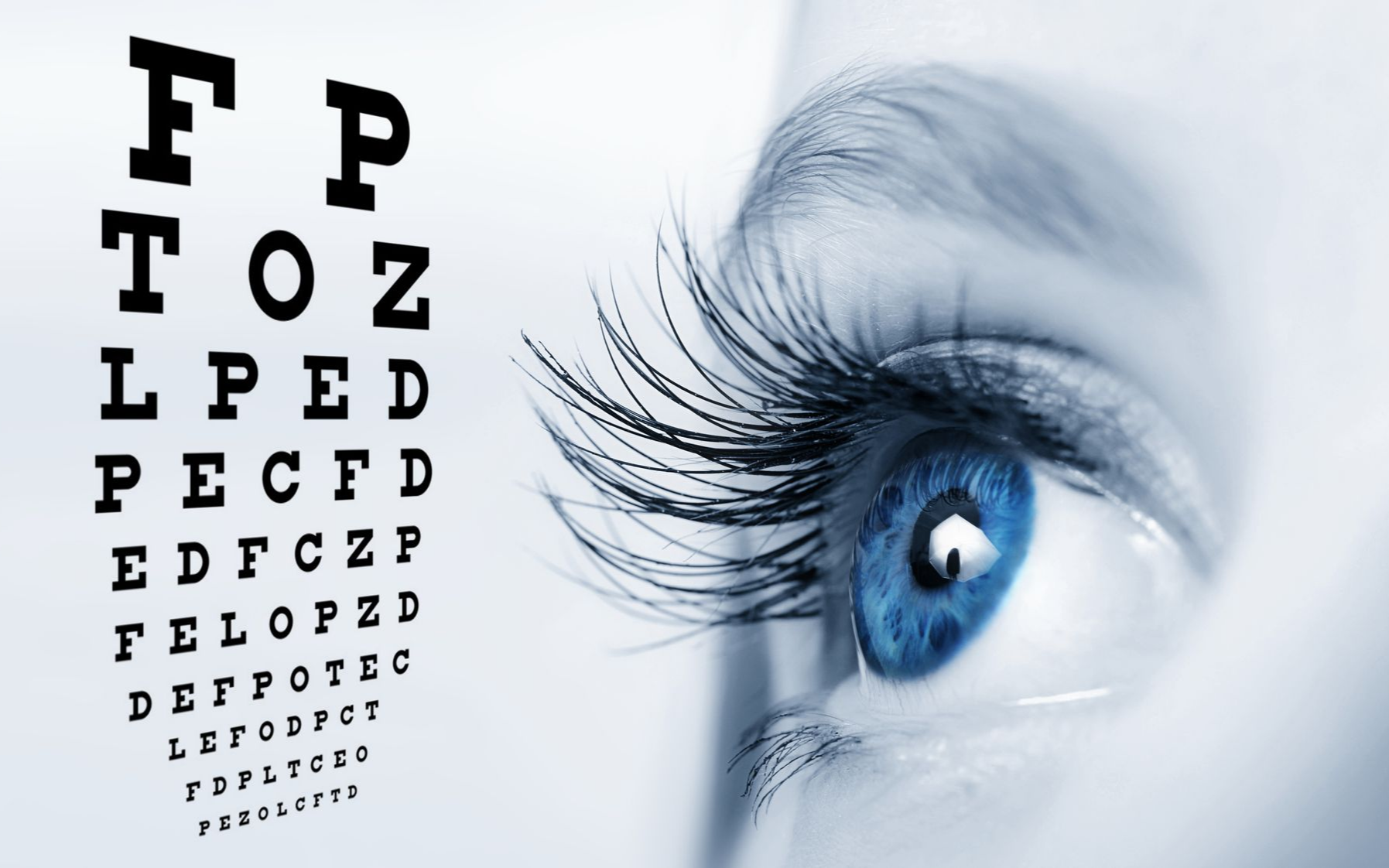 Close-up of a blue eye next to a Snellen chart for vision testing at an eye clinic.