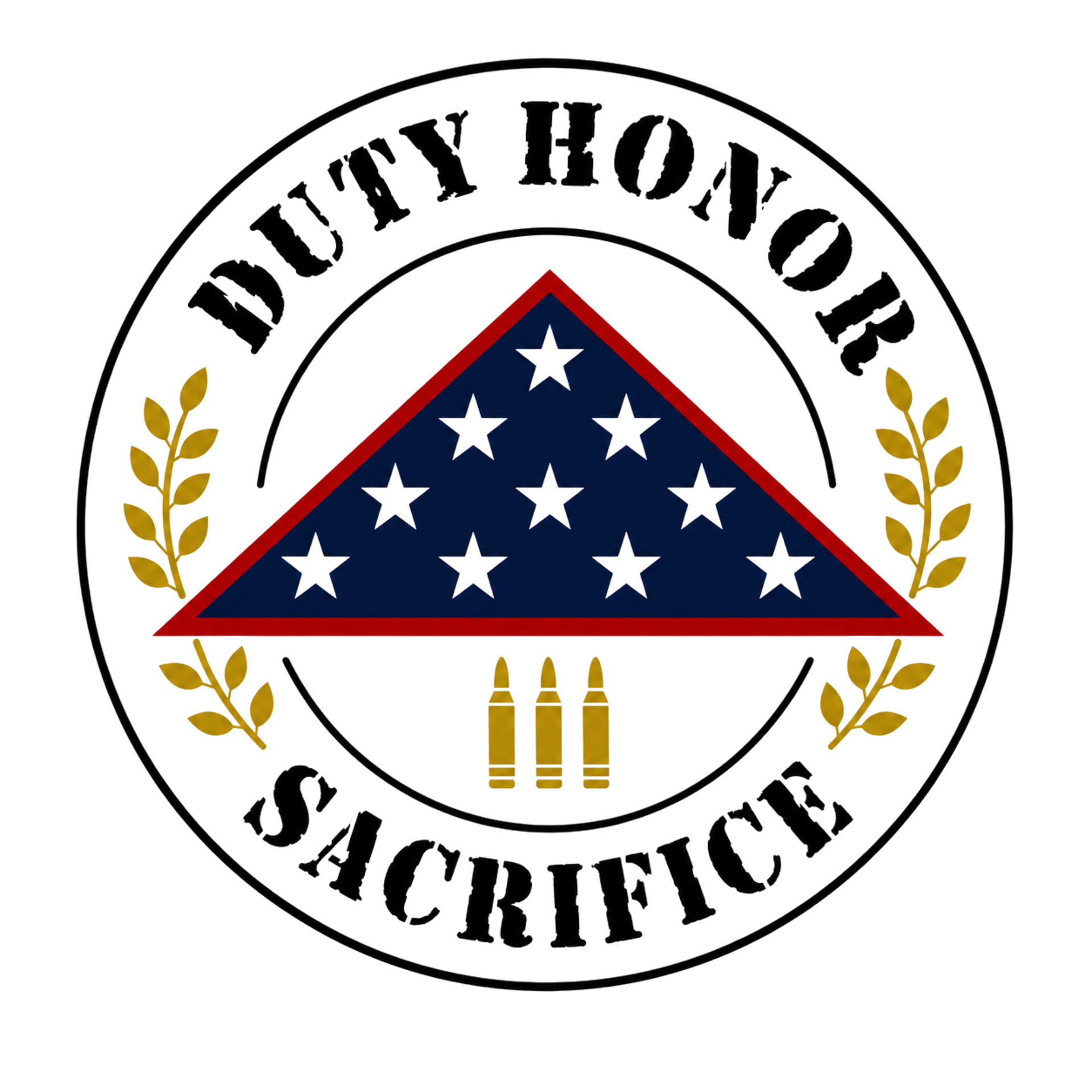 Circular military emblem with folded U.S. flag, gold laurel branches, and the words “Duty, Honor, Sacrifice”