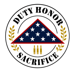 Circular military emblem with folded U.S. flag, gold laurel branches, and the words “Duty, Honor, Sacrifice”