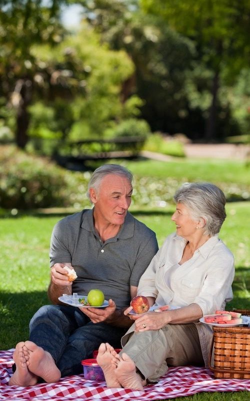 An elderly couple is having a picnic in the park.