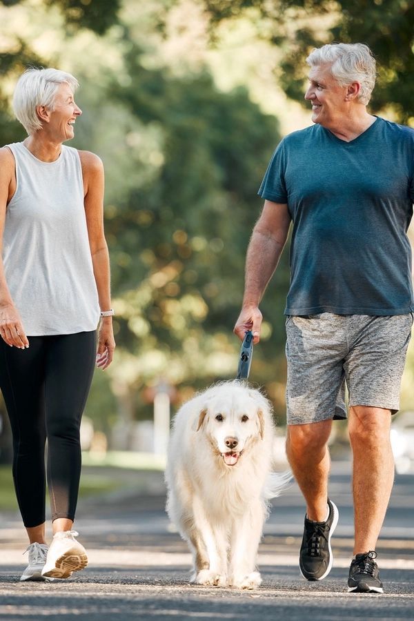 A man and a woman are walking a dog on a leash.