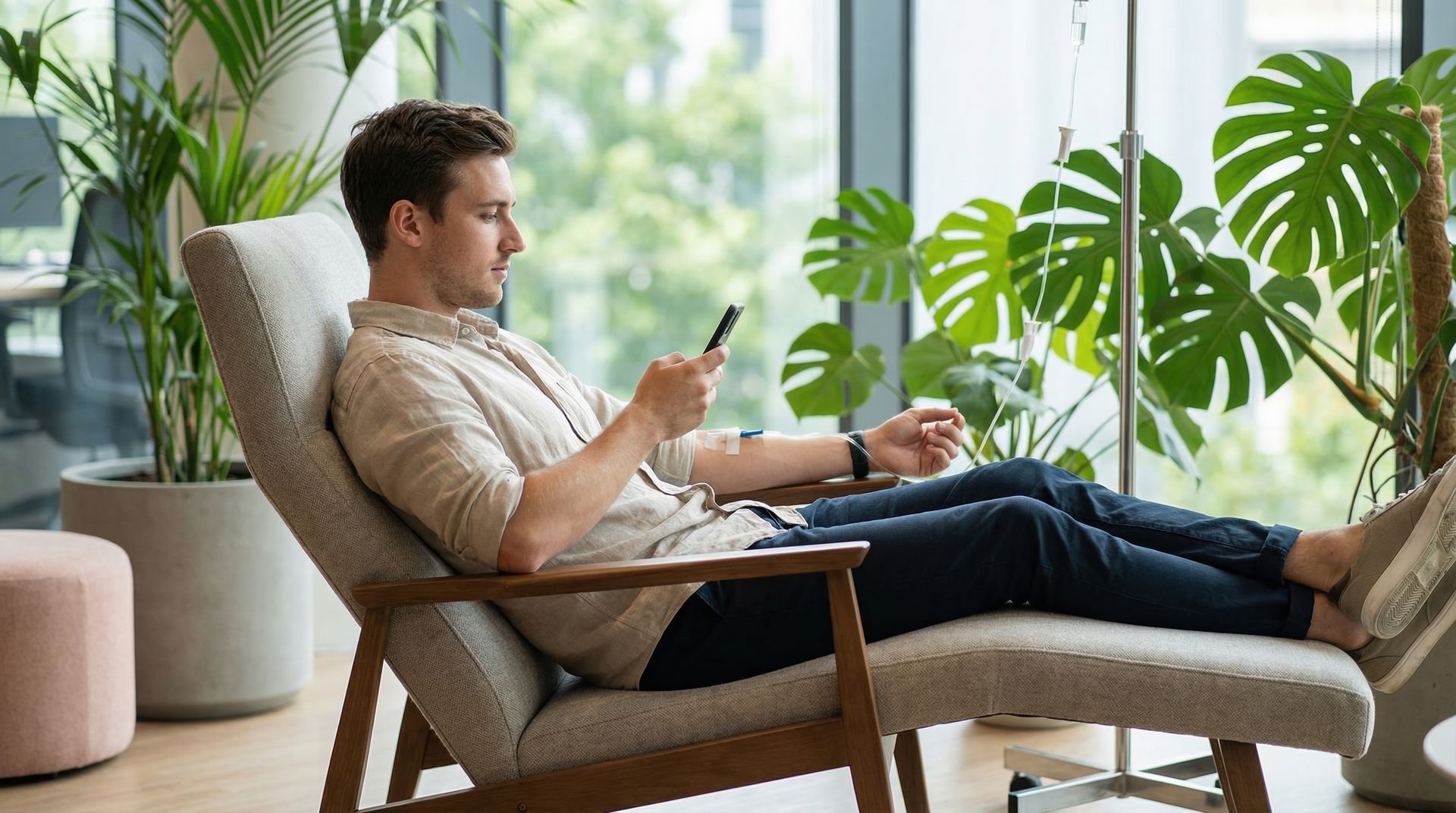 man sitting in chair getting iv therapy