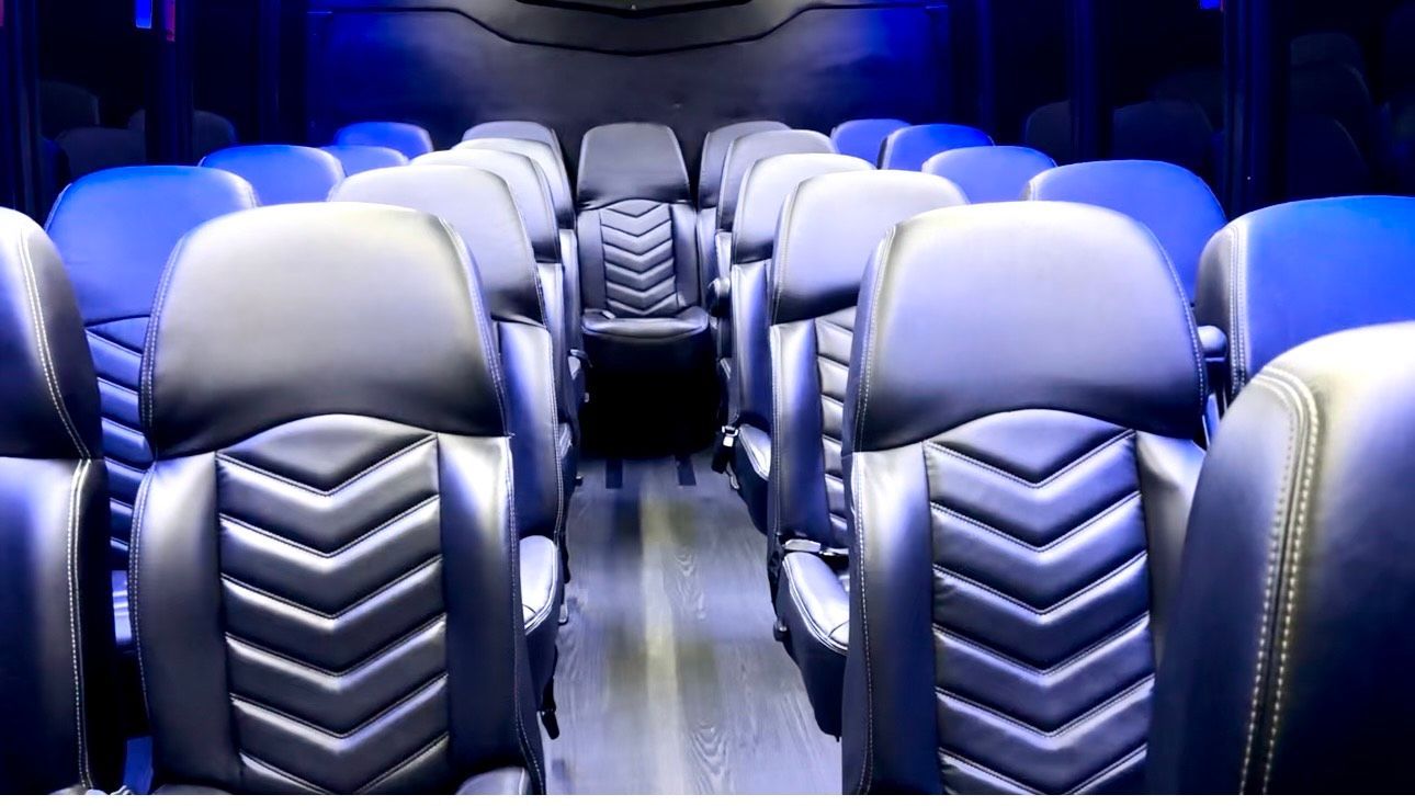 Interior of a black passenger van, rows of black seats with blue lighting, wooden floor.