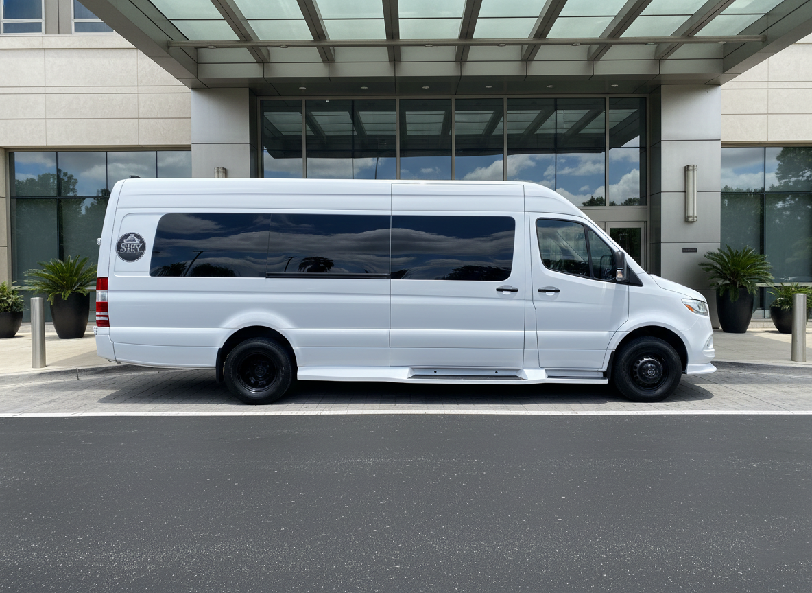 White passenger van parked in front of a modern building with large windows.
