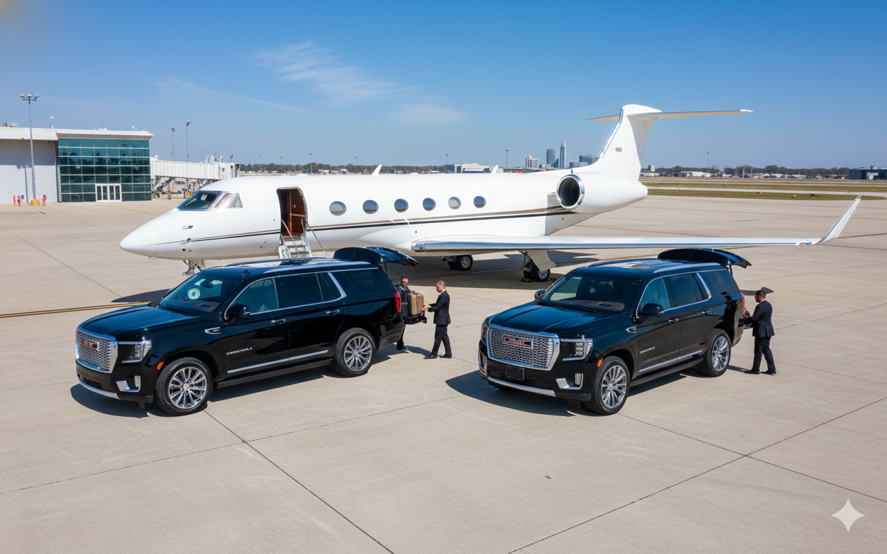 Two black SUVs and two men near a private jet on a tarmac.