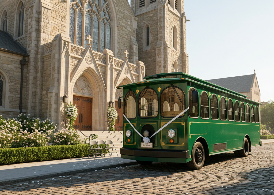 Green trolley decorated for a wedding parked outside a stone church on a sunny day.