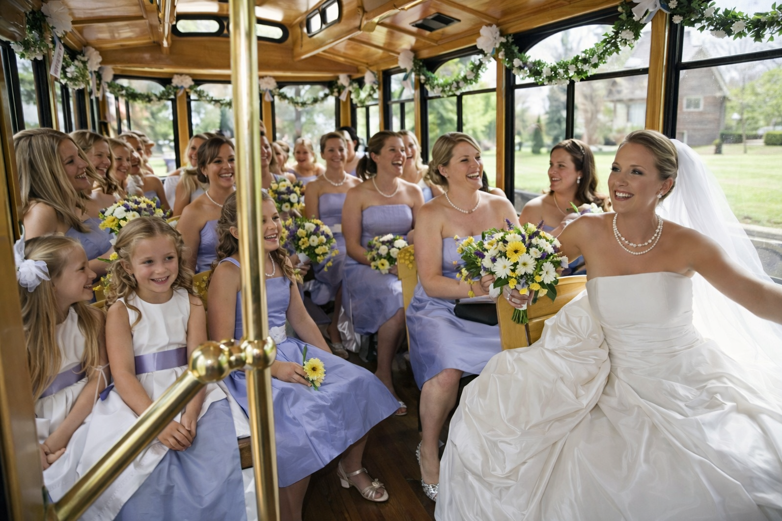 Bride and bridesmaids in lavender dresses smile and hold bouquets on a trolley, celebrating.