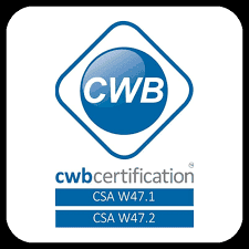 Logo de certification CWB avec étiquettes CSA W47.1 et CSA W47.2 en bleu et blanc
